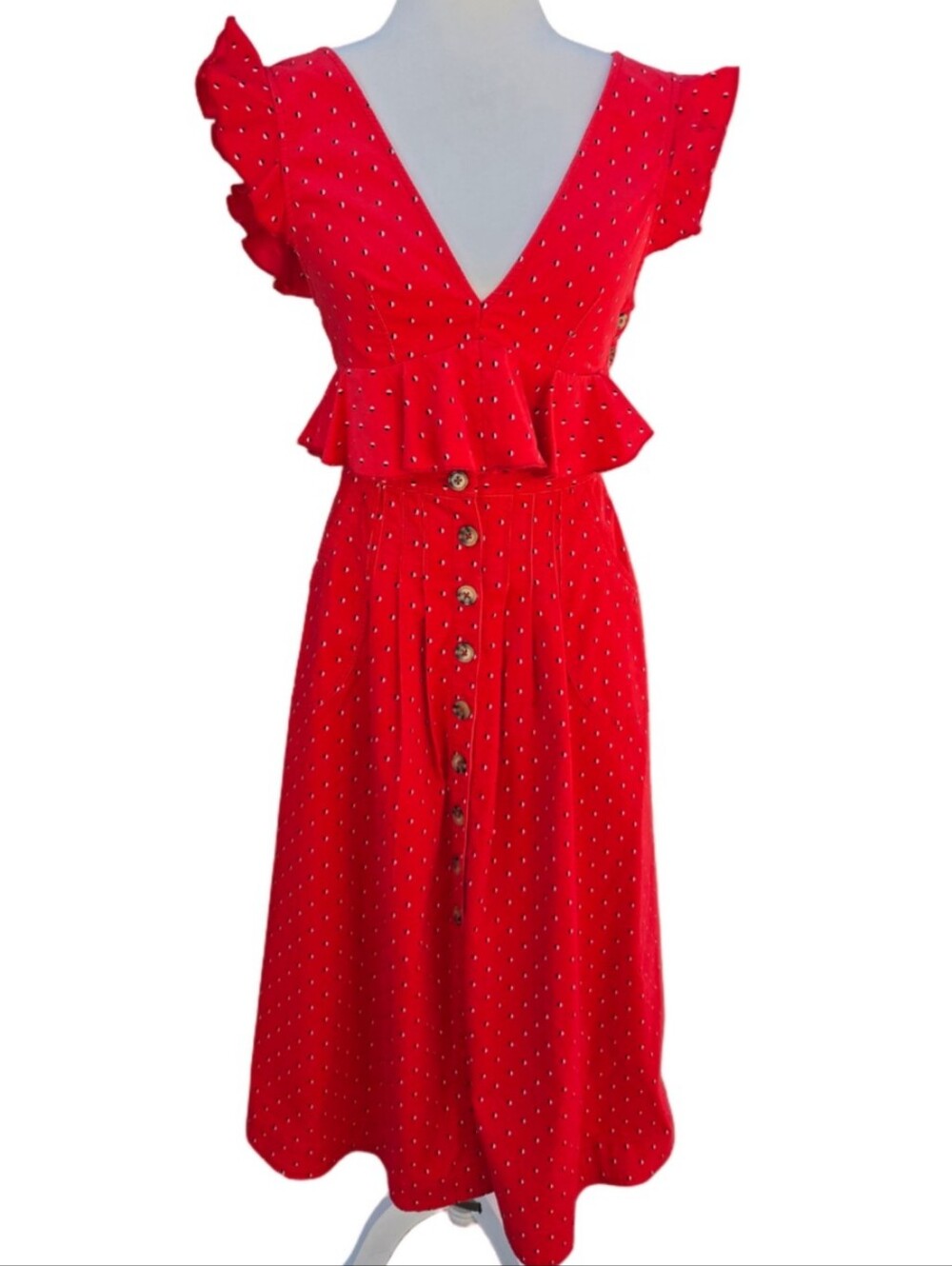 Free People Love Fool Corduroy Set Red Button-Front Skirt and Top Women's 0